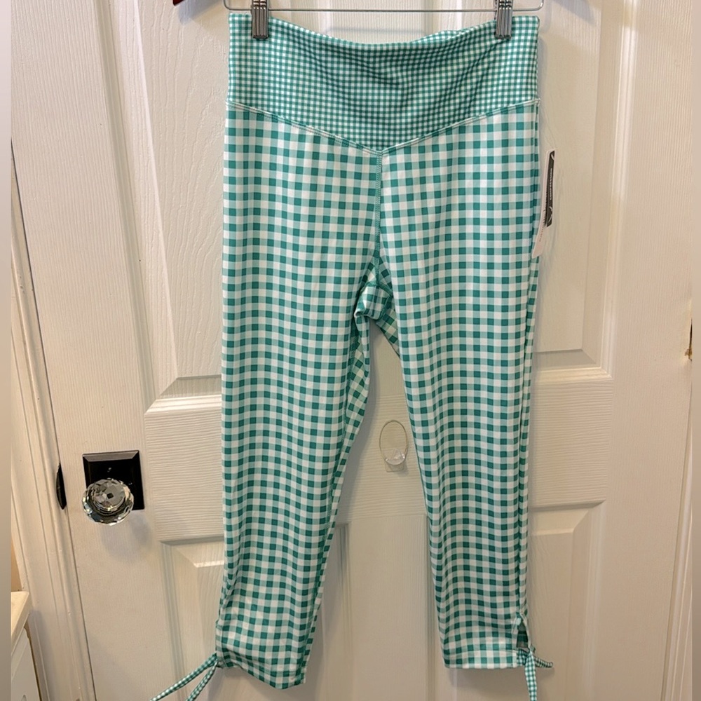 Nanette Lepore Play Vivid Green/White Gingham Tie Crop Leggings ~ Medium ~ NWT